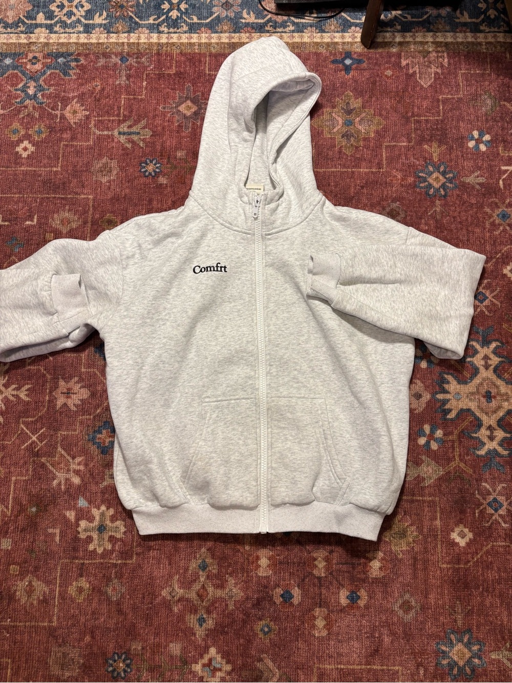 Comfrt women’s Gray Full Zip Hooded Fleece Lined Hoodie Logo Pockets Sz XL